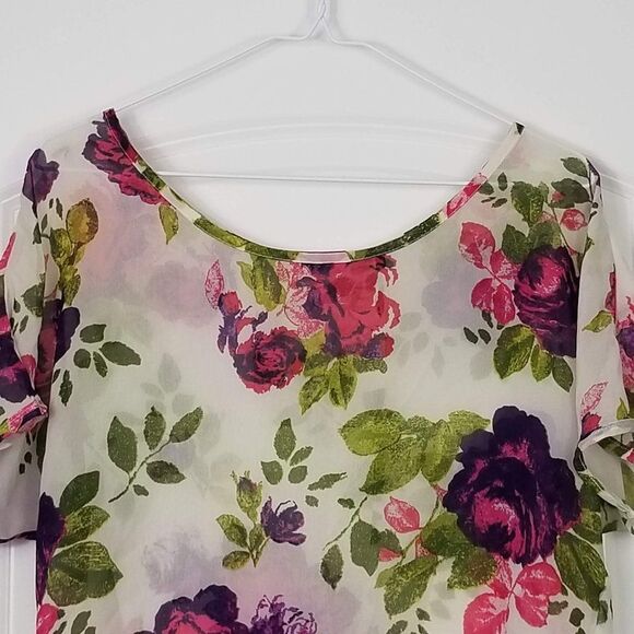 BLACK Poppy Boho Sheer Floral Printed Crop Top - Picture 3 of 9